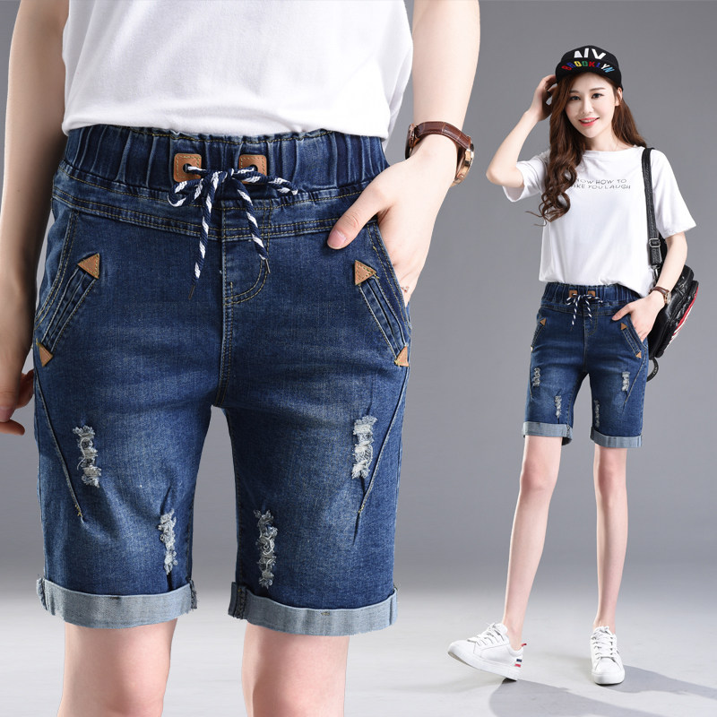 2019新款夏装牛仔短裤女五分宽松大码松紧弹力高腰直筒裤显瘦百搭|msdalam kategori Butik wanita / wanita, seluar jeans - dari Buy2taobao.com untuk memberikan perkhidmatan ejen Taobao profesional membeli