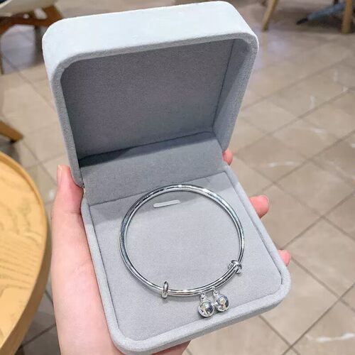 光面铃铛银手镯女纯银实心s9999足银手镯小众年轻款送女友生日礼