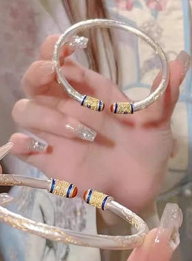 新中式足银999錾刻珐琅彩复古卷草纹描金开口银手镯宫廷国潮风礼