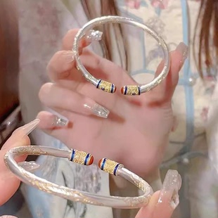 新中式足银999錾刻珐琅彩复古卷草纹描金开口银手镯宫廷国潮风礼