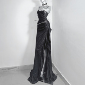 贝拉 TDH原创纯黑哥特爆闪亮片性感开衩鱼尾连衣裙拖地小礼服长裙