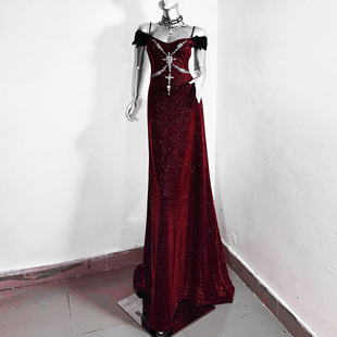 永恒玫瑰 TDH原创暗黑哥特酒红色爆闪钻石性感拖尾连衣裙礼服长裙