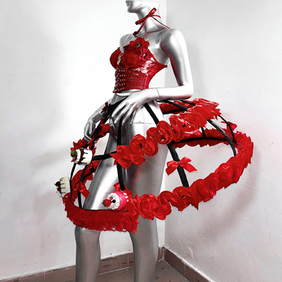 TDH原创红黑哥特肋骨造型鱼骨胸衣+立体蕾丝鸟笼短裙分体连衣裙子