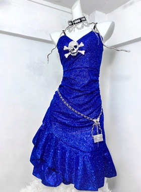 深海秘境原创克莱因蓝色昭和公主性感包臀显白鱼尾连衣裙礼服裙子