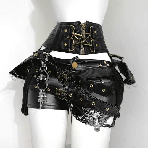 TDH原创*明星同款哥特亚文化立体装饰摇滚腰封做旧pu皮裤超短裤