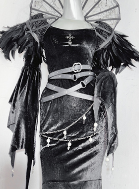 德古拉家族*TDH原创暗黑丝绒立领蜘蛛蝙蝠造型加长拖地连衣裙礼服