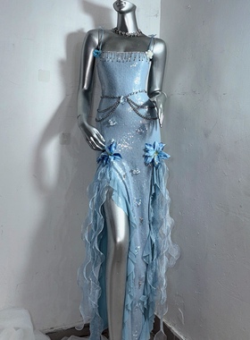 幻海灵姬*TDH原创蓝色水母流光爆闪流苏仙女开衩连衣裙长款礼服裙