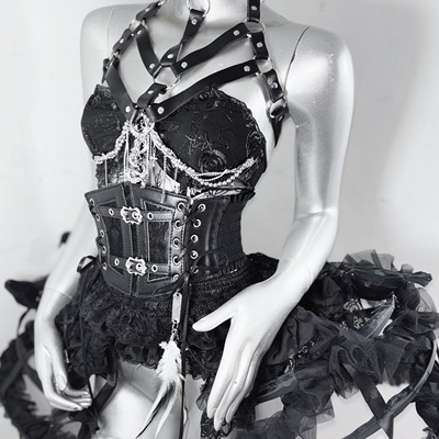 黯鸦诗狱*TDH原创暗黑哥特金属链条肋骨束腰抹胸玫瑰刺绣透视上衣