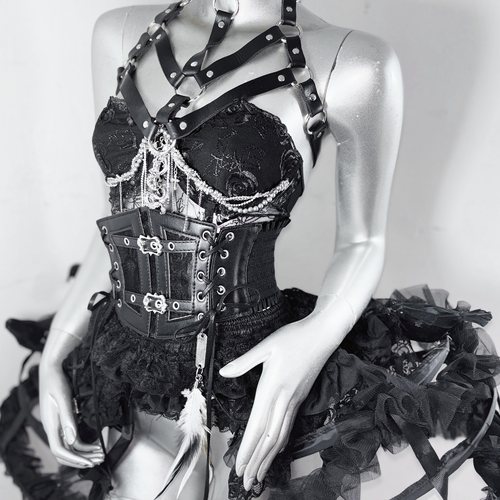 黯鸦诗狱*TDH原创暗黑哥特金属链条肋骨束腰抹胸玫瑰刺绣透视上衣