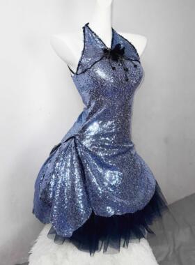 深海传说原创新中式蓝色波光粼粼爆闪小礼服公主性感美人鱼连衣裙