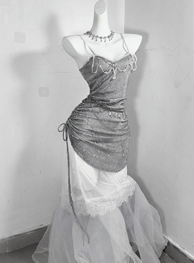 珍珠公主*TDH原创银色爆闪亮片性感包臀鱼尾连衣裙超短裙礼服裙子