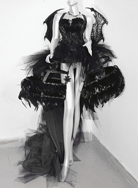 龙骨*TDH原创暗黑哥特花朵装饰鸟笼裙羽毛胸衣拖尾礼服婚纱连衣裙