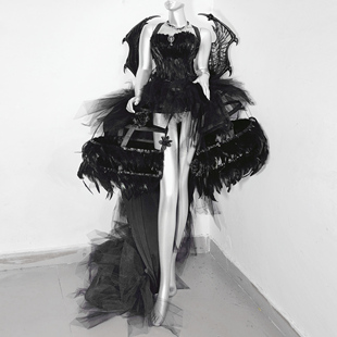 龙骨 饰鸟笼裙羽毛胸衣拖尾礼服婚纱连衣裙 TDH原创暗黑哥特花朵装