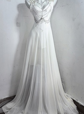 赫拉圣谕*TDH原创纯白哥特水晶链条装饰连衣裙收腰透视长裙礼服裙