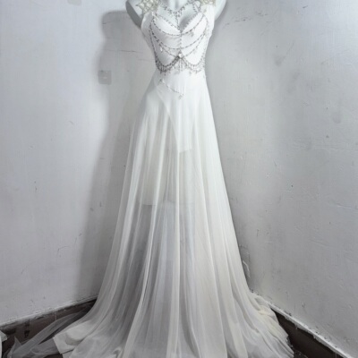 赫拉圣谕*TDH原创纯白哥特水晶链条装饰连衣裙收腰透视长裙礼服裙