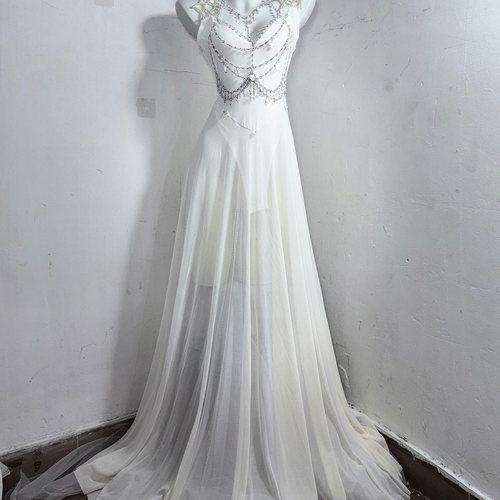 赫拉圣谕*TDH原创纯白哥特水晶链条装饰连衣裙收腰透视长裙礼服裙