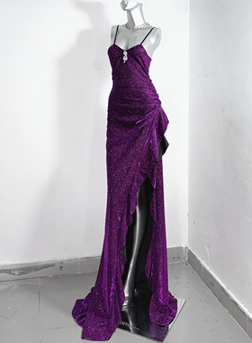 维多利亚*TDH原创暗黑爆闪紫色昭和公主性感开衩鱼尾连衣裙礼服裙