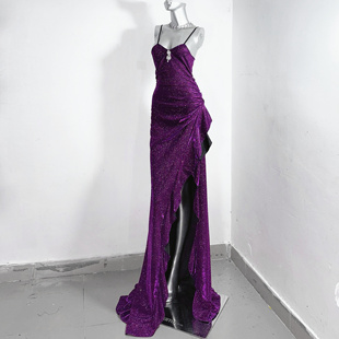 维多利亚 TDH原创暗黑爆闪紫色昭和公主性感开衩鱼尾连衣裙礼服裙