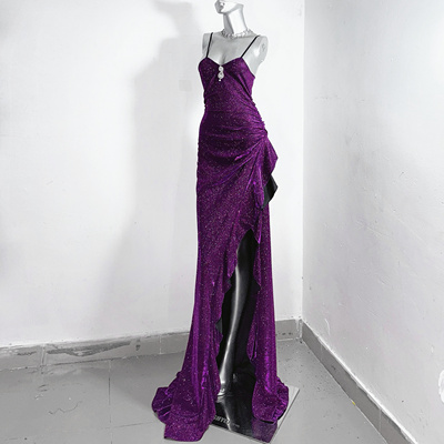 维多利亚*TDH原创暗黑爆闪紫色昭和公主性感开衩鱼尾连衣裙礼服裙