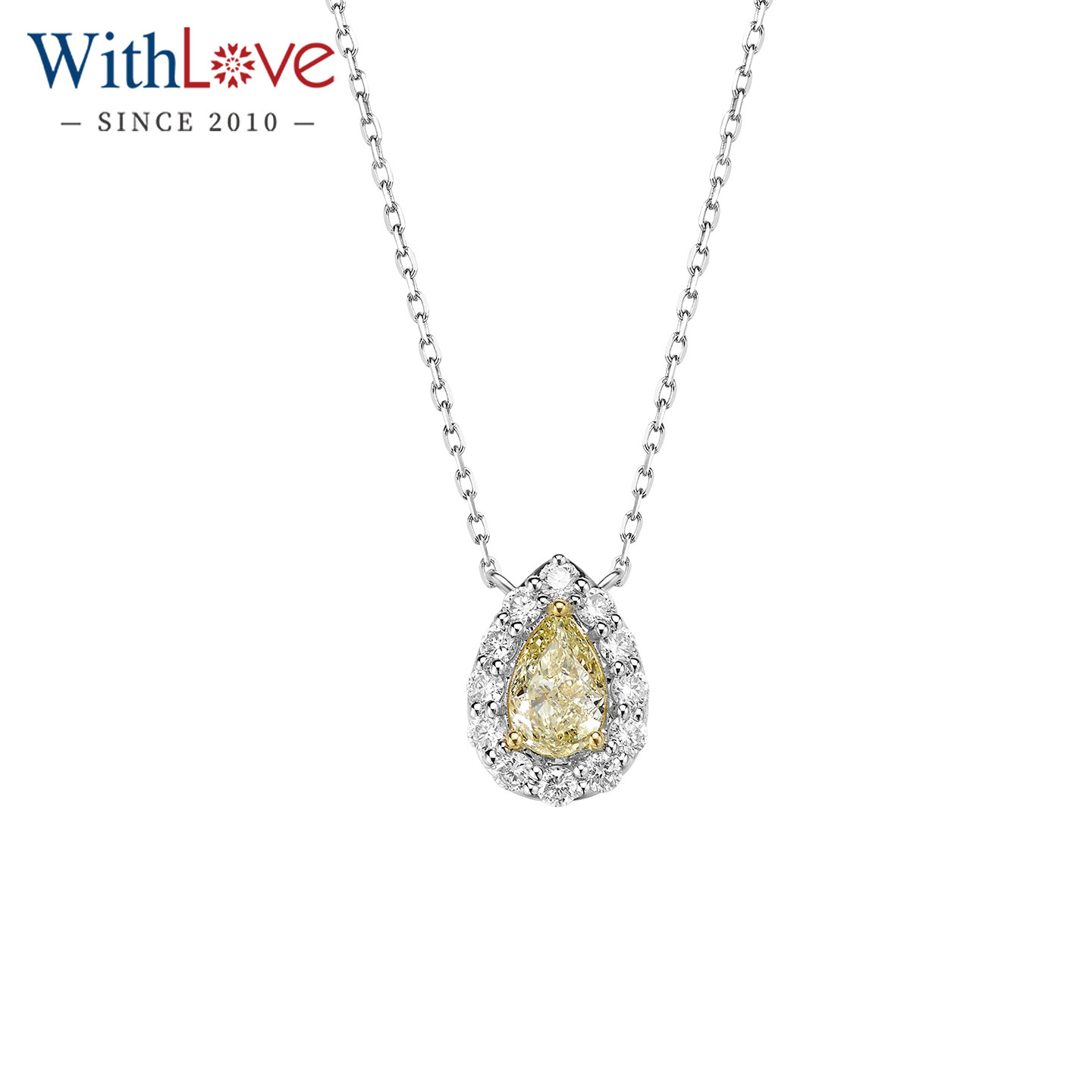 WithLove 白18K金天然水滴形梨形黄钻项链群镶钻石锁骨链轻奢女
