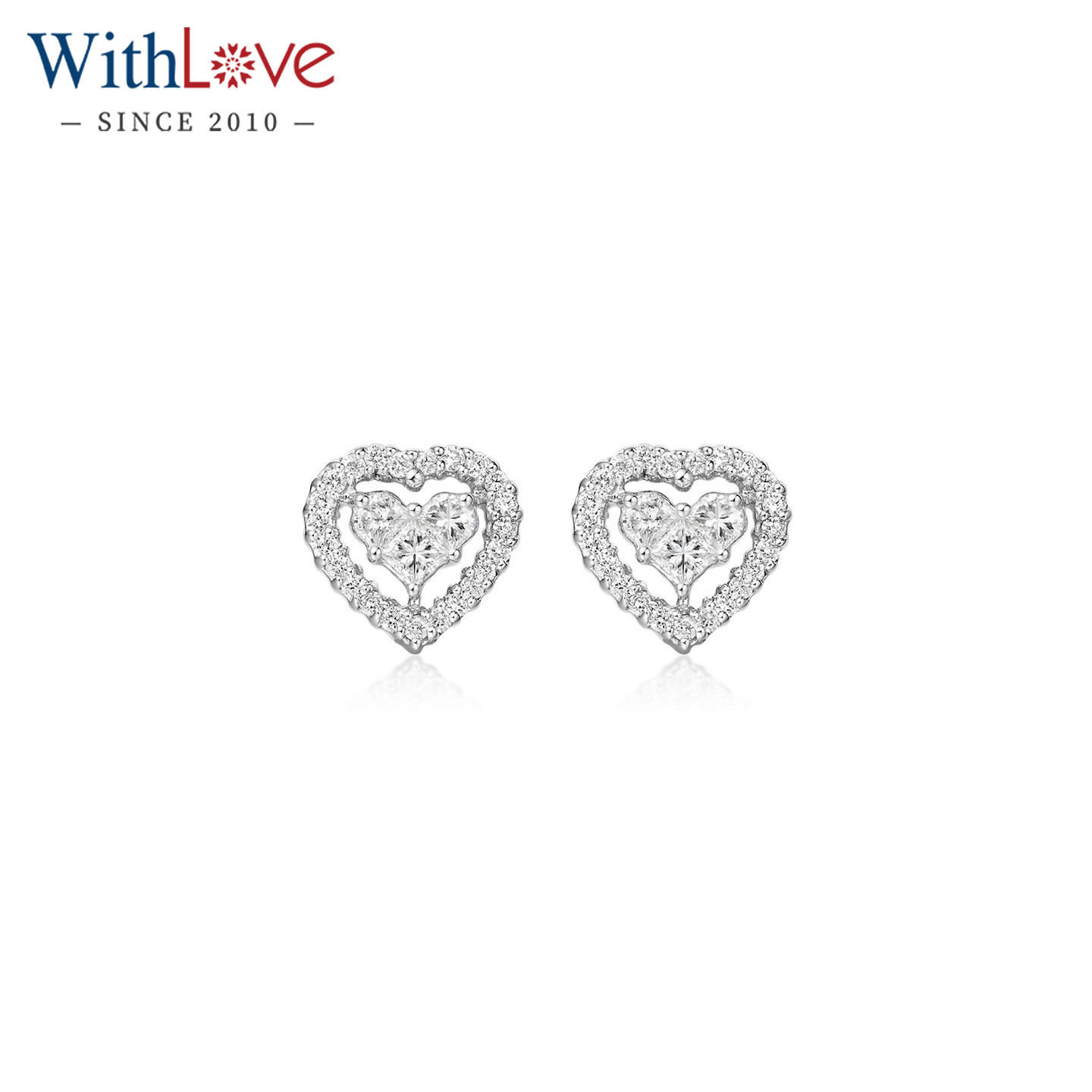WithLove唯爱品越 白18K金48分钻石心形耳钉豪华群镶心型爱心耳饰