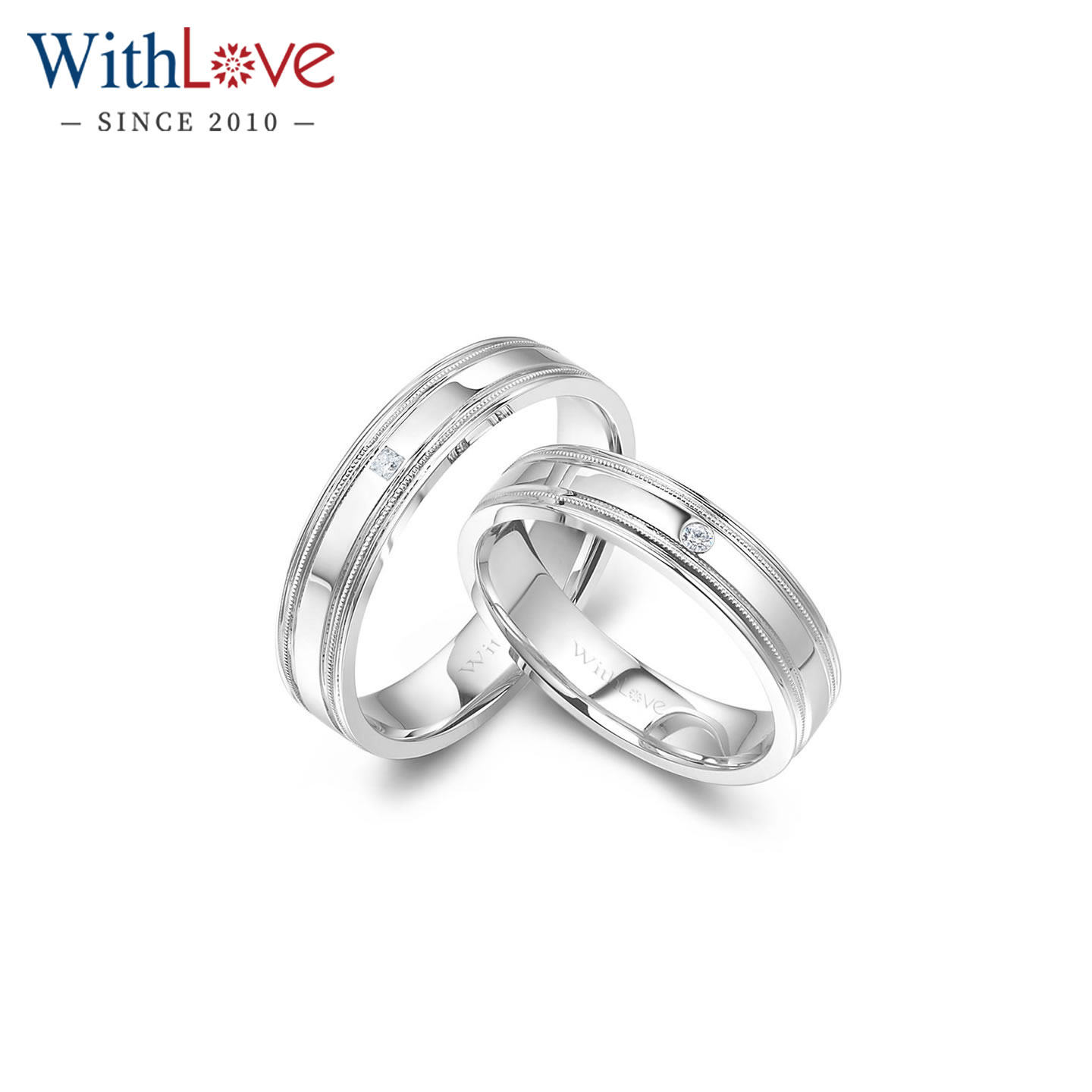 WithLove 18K金结婚钻石对戒珠边Pt950铂金男士女士戒指定制