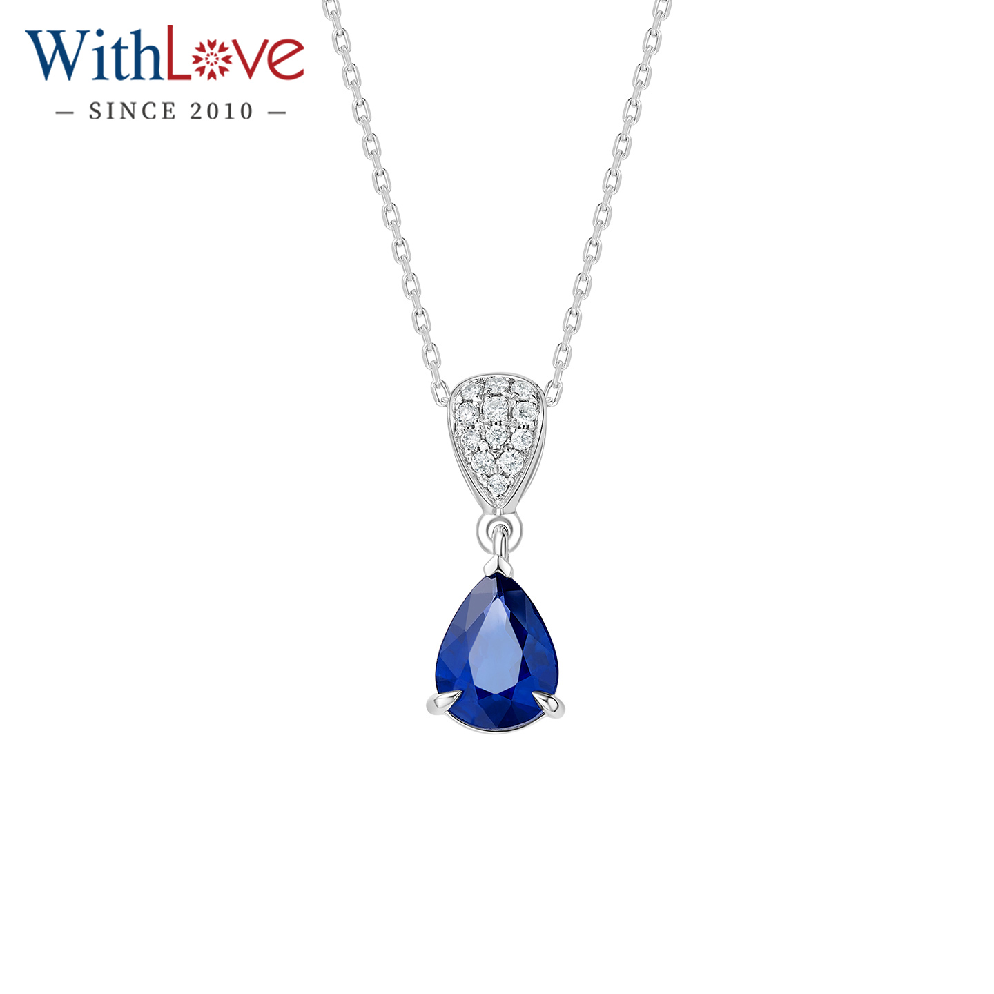 WithLove Pt950铂金水滴形有烧皇家蓝蓝宝石群镶钻石吊坠百搭女