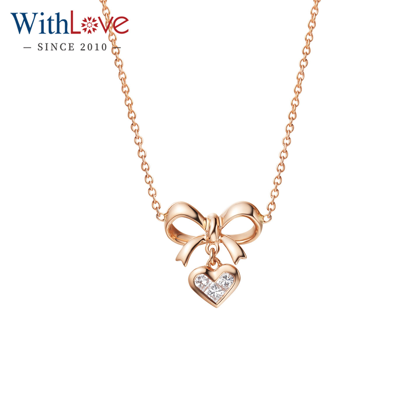 WithLove 玫瑰18K金17分心形钻石套链 女款蝴蝶结项链项坠