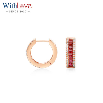 WithLove 玫瑰18K金公主方红宝石排镶钻石耳环轻奢时尚耳饰送女友