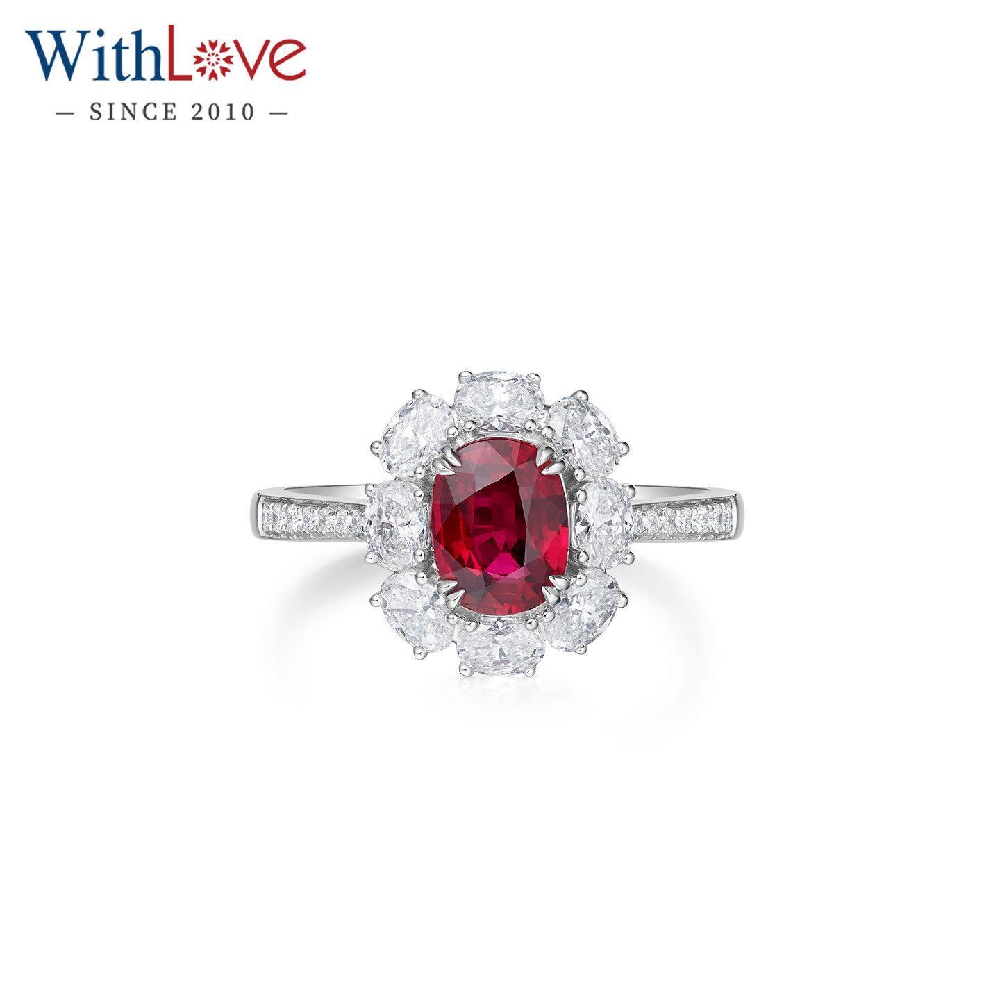 WithLove 18K金椭圆1克拉有烧鸽血红宝石围镶钻石戒指女AIGS证书