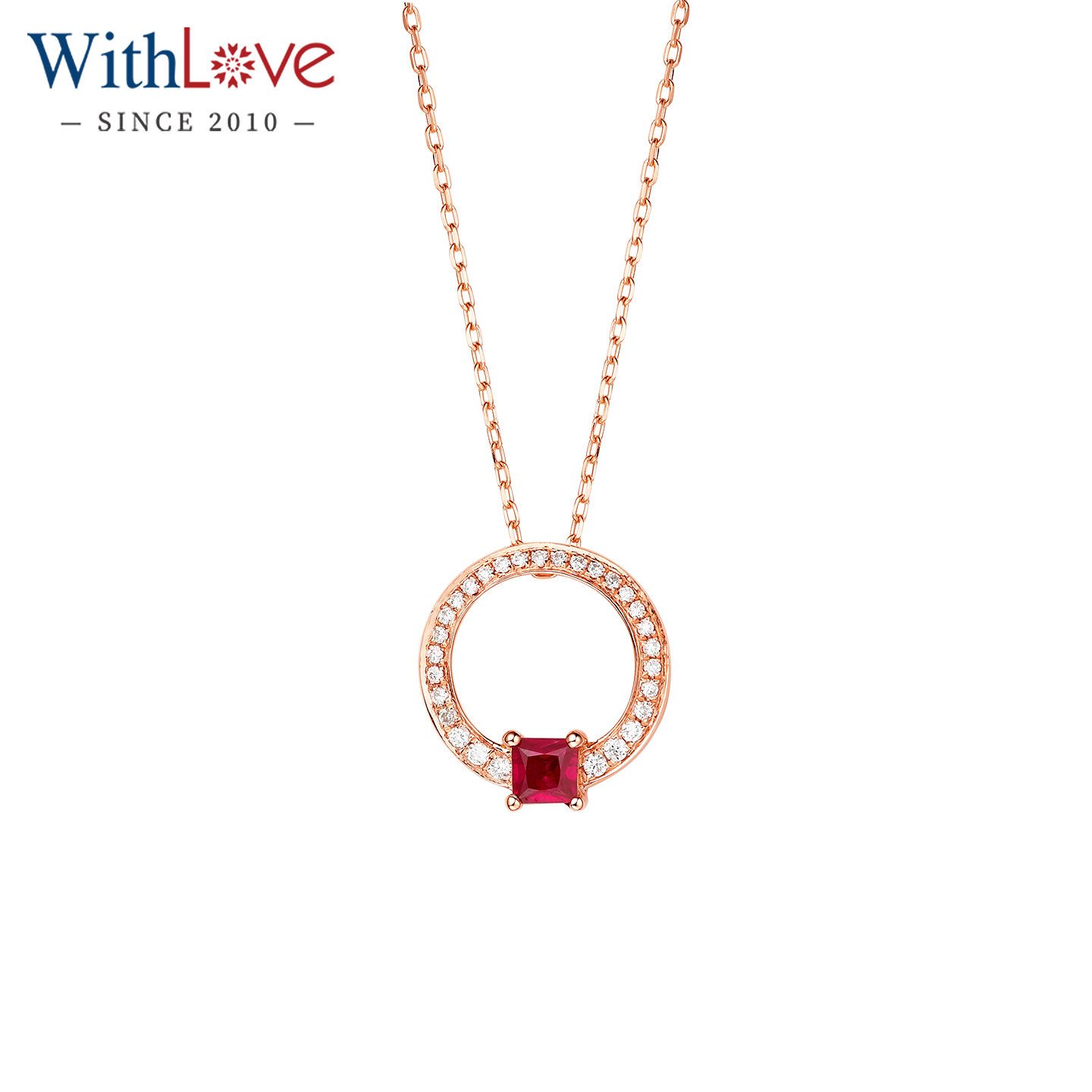 WithLove 18K金红宝石群镶钻石圆形项坠真钻正品 彩宝生辰石吊坠