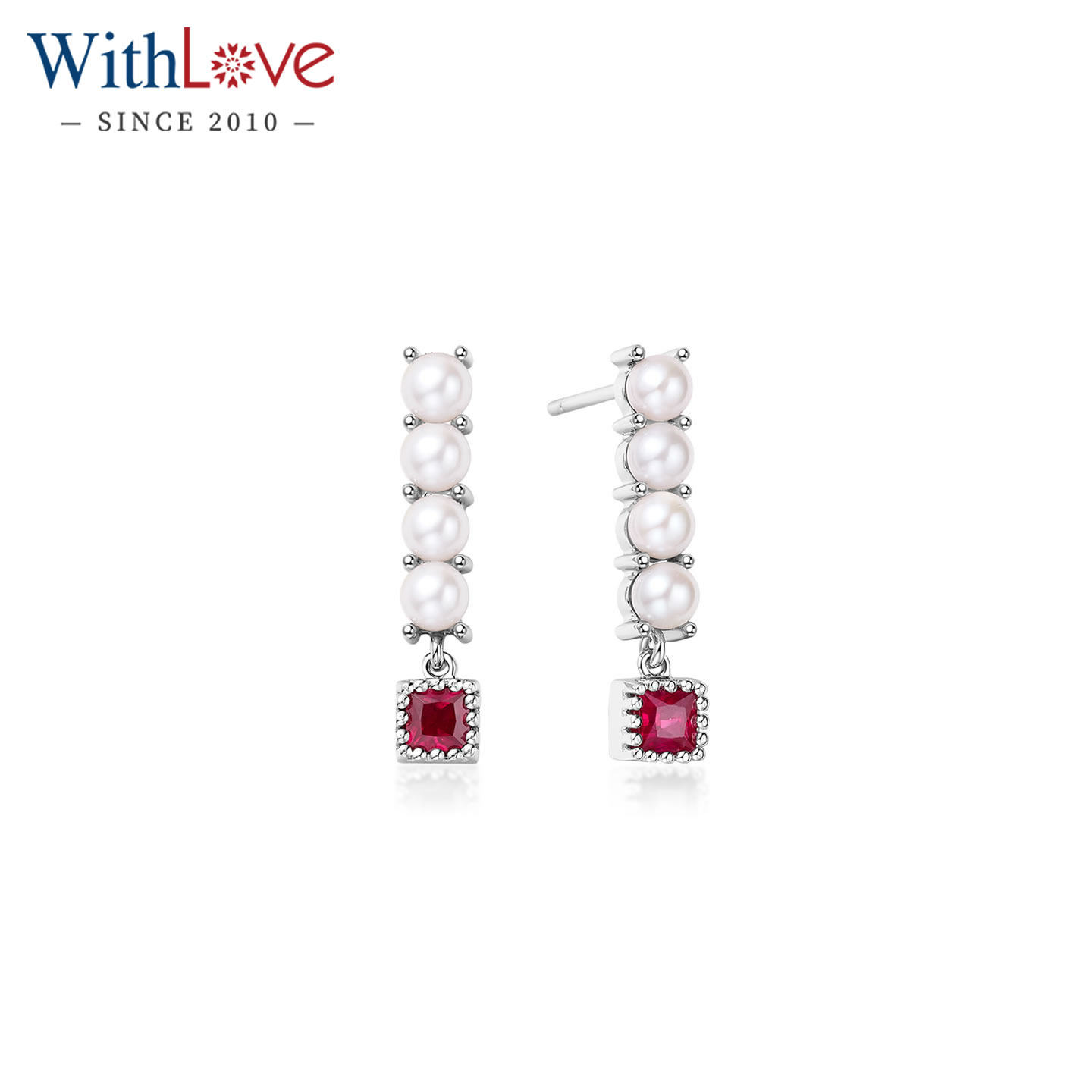 WithLove 白18K金日本Akoya珍珠海水珠公主方红宝石耳钉真钻正品