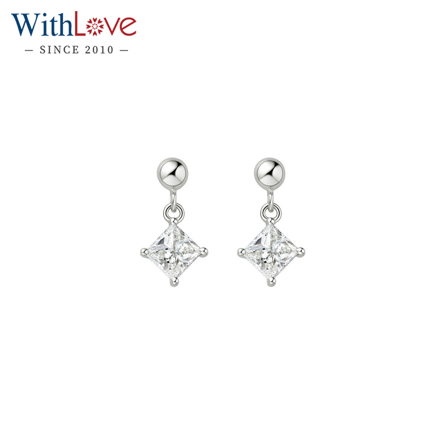 WithLove 白18K金50分公主方钻石耳坠方钻单钻耳饰耳钉定制
