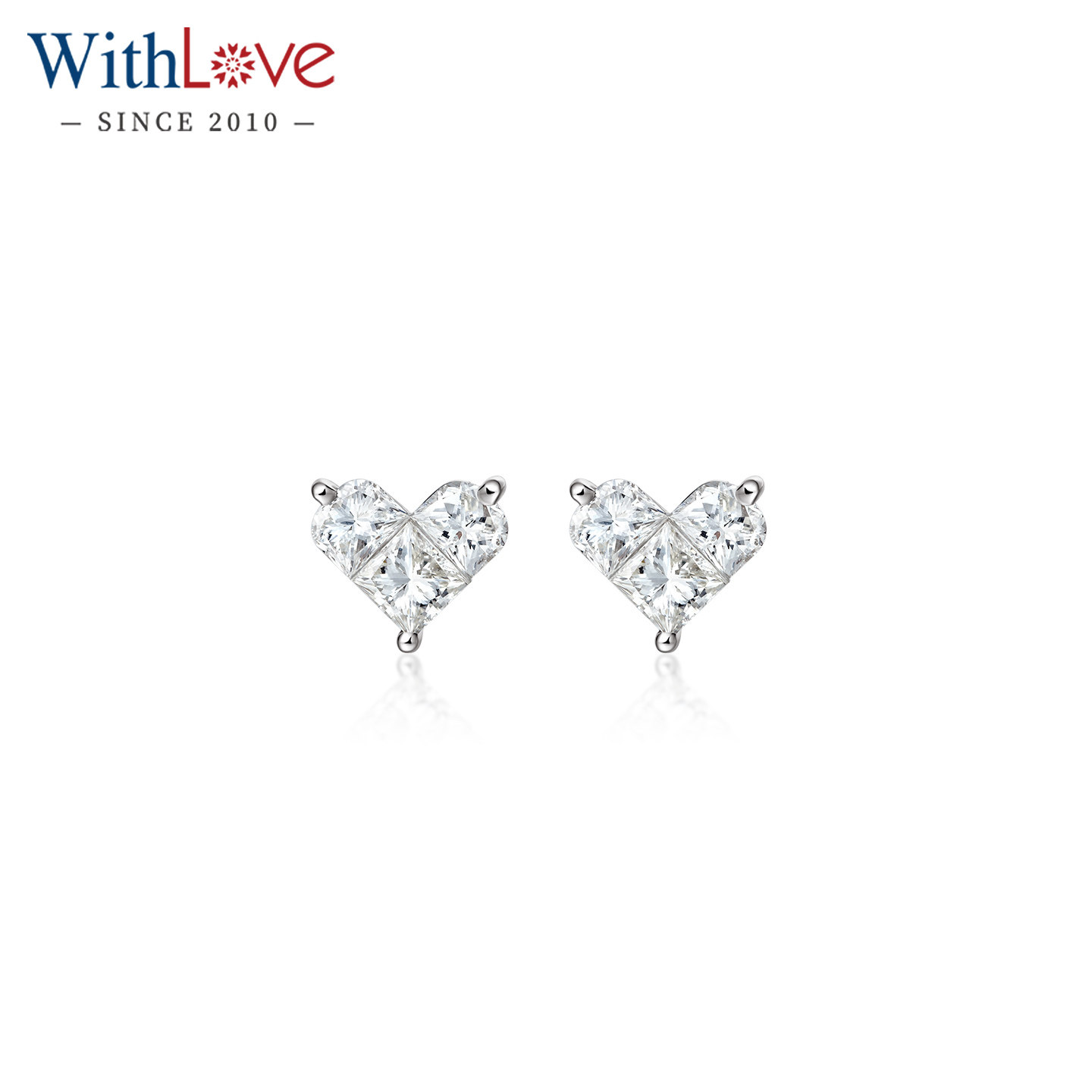 WithLove 白18K金50分钻石心形耳钉简约桃心型铂金耳饰定制