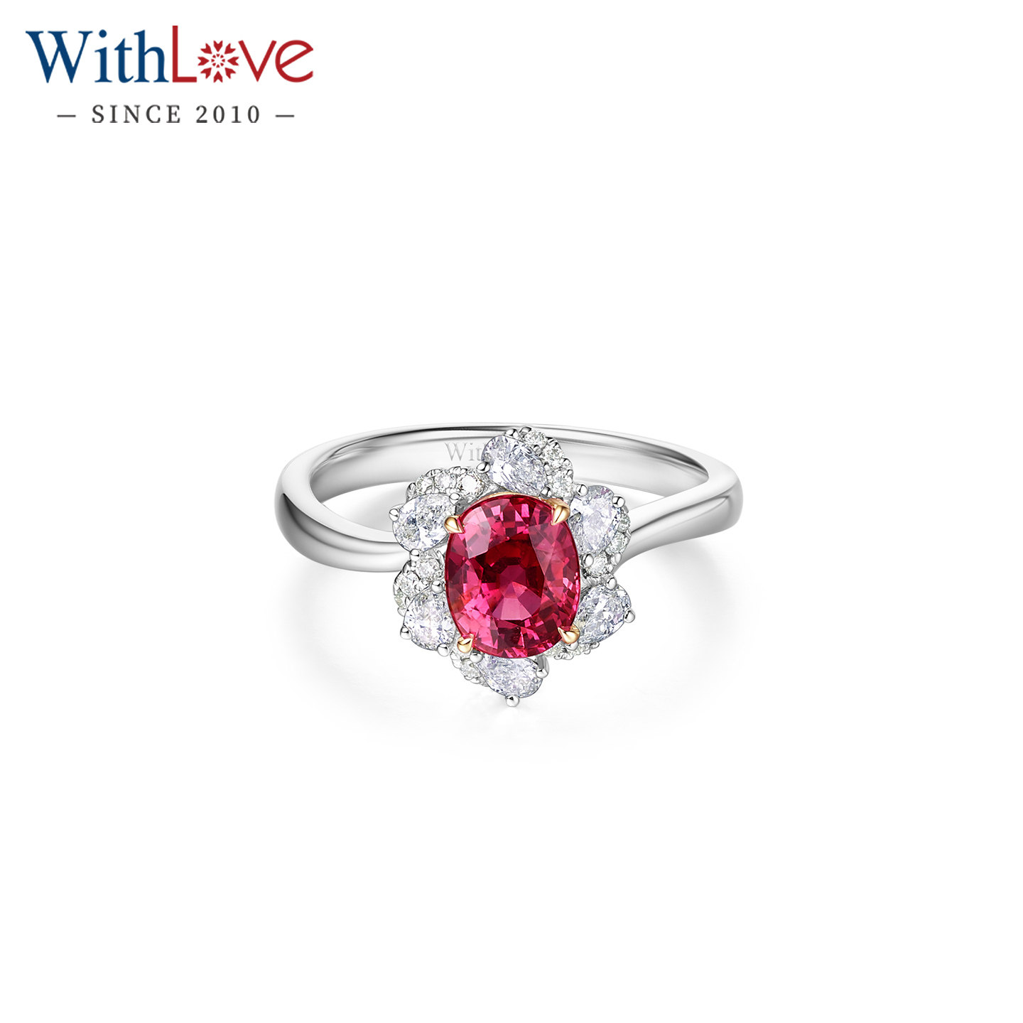 WithLove 18K金椭圆形克拉天然鸽血红宝石豪华群镶钻石戒指定制女