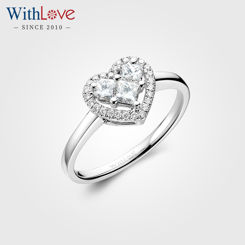 WithLove 18K金群镶心形钻石戒指铂金钻戒结婚真钻正品送女友定制