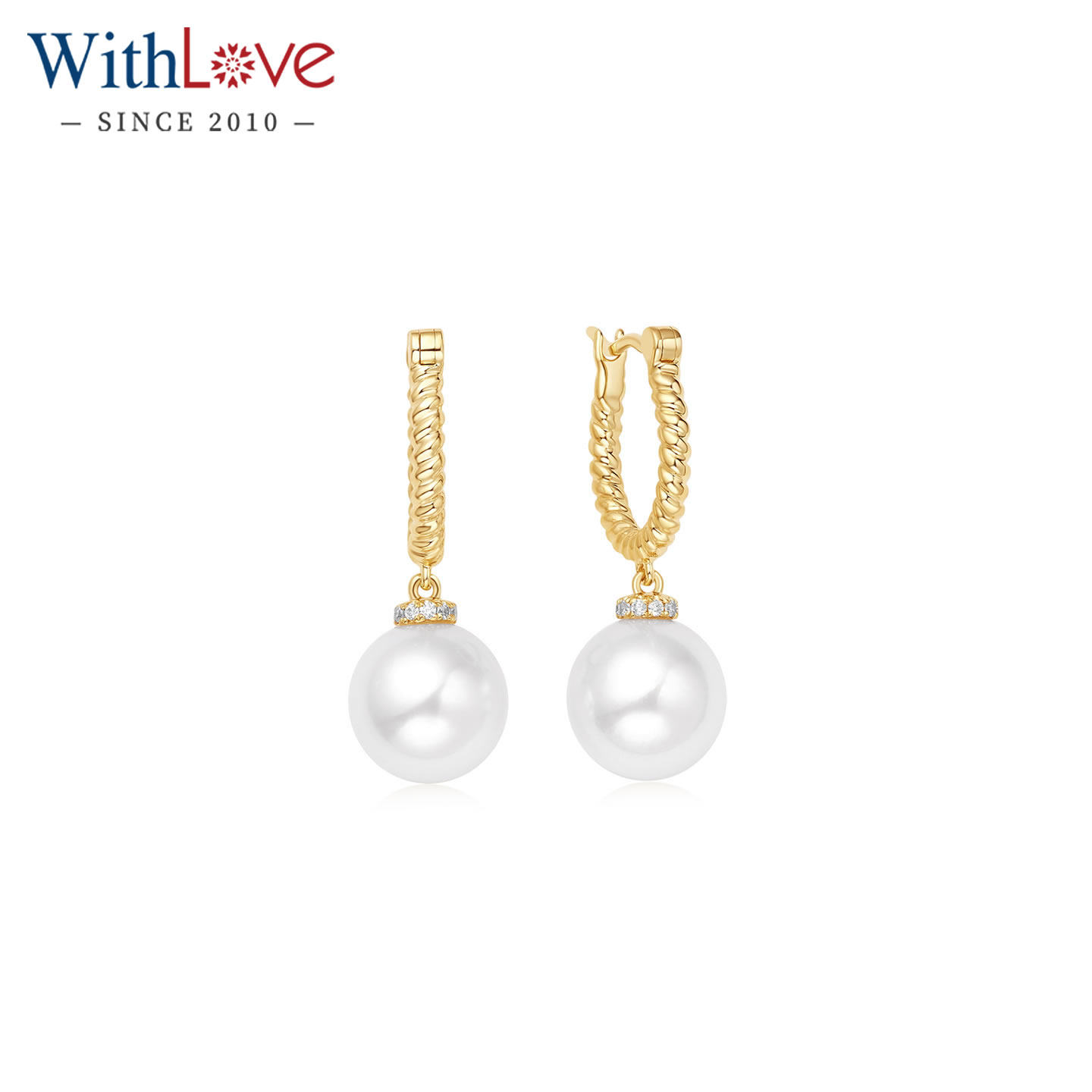 WithLove 黄18K金日本Akoya海水珍珠群镶钻石耳环耳坠麻花女耳扣