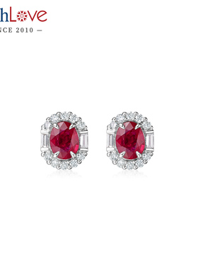 WithLove 18K金椭圆红宝石钻石耳钉群镶真钻时尚高级感耳饰送女友