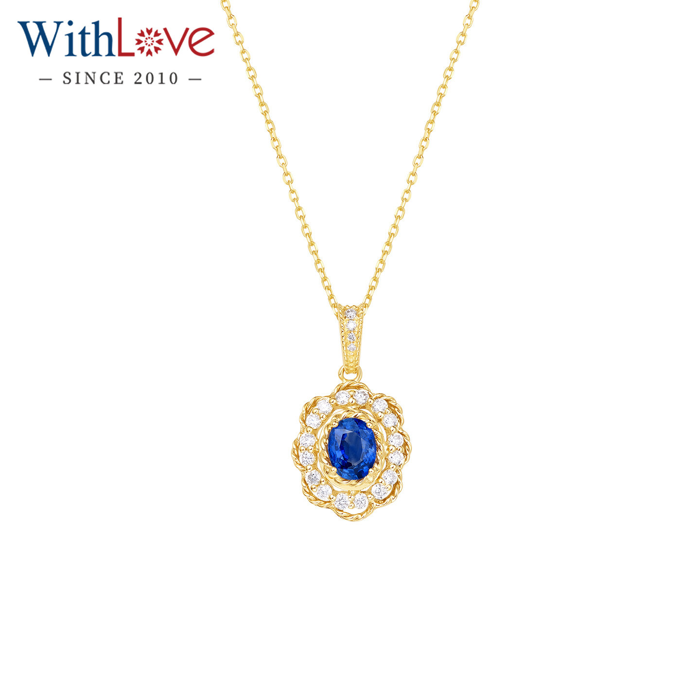 WithLove 18K金椭圆形蓝宝石群镶钻石吊坠轻奢复古时尚颈饰女