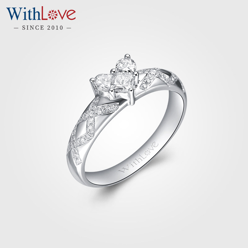 WithLove 18K金群镶心形钻石戒指正品结婚钻戒真钻附证书女士定制