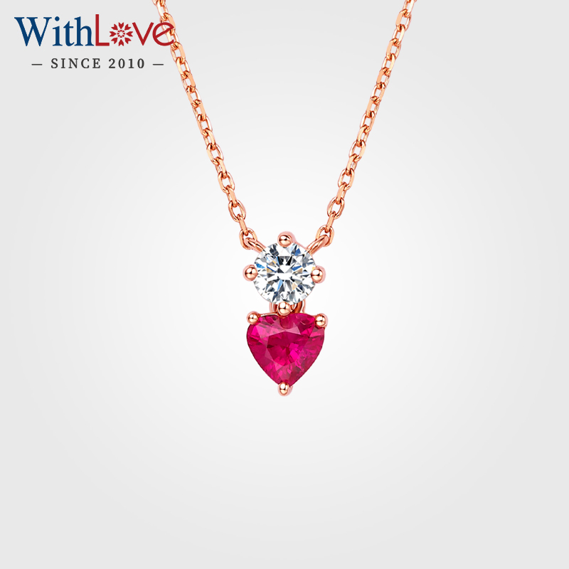 WithLove 玫瑰18K金心形红宝石钻石项链锁骨链单钻真钻正品送女友