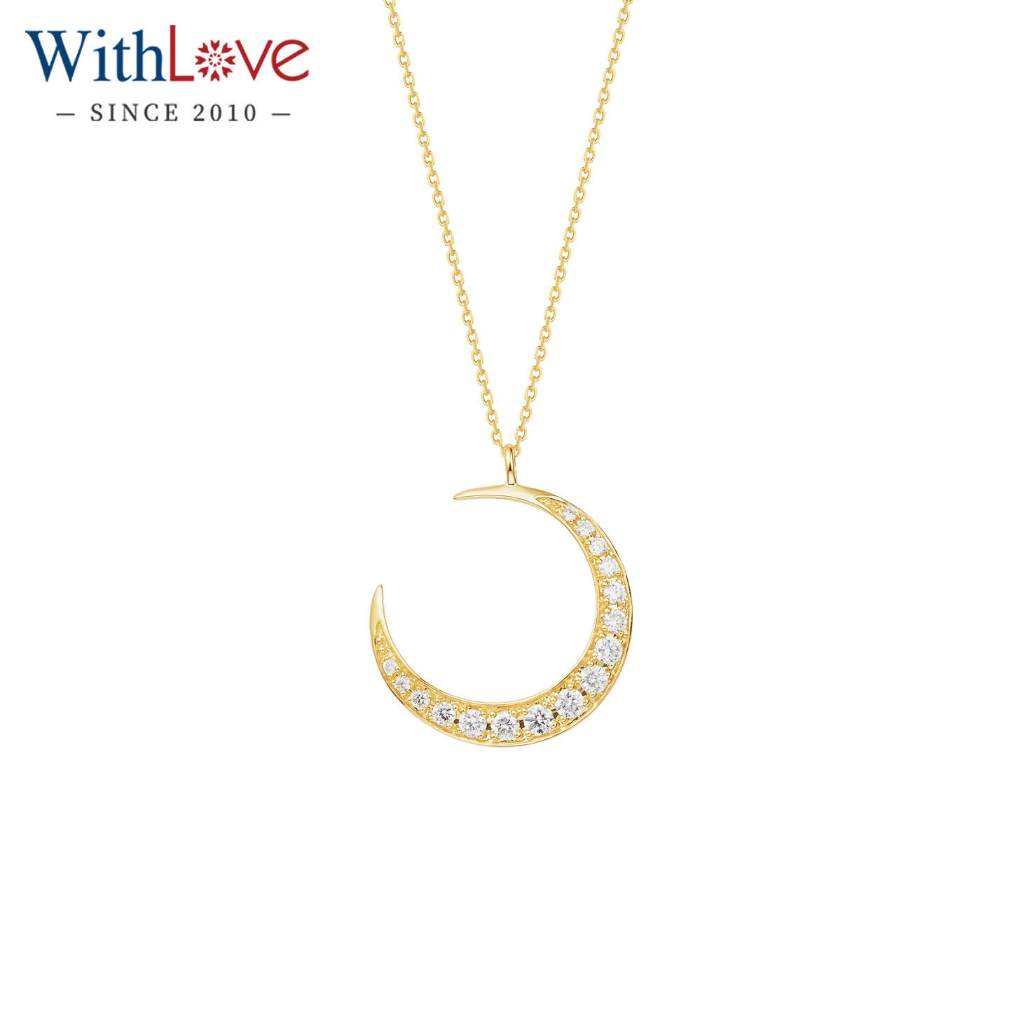 WithLove 18K金群镶钻石月亮月牙吊坠可调节项链时尚锁骨链送女友