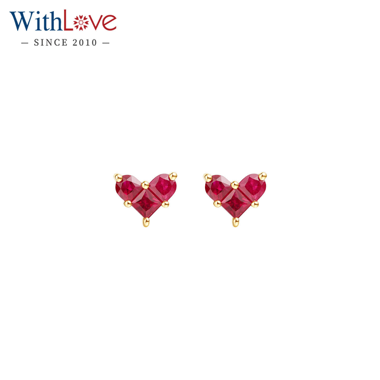 WithLove 18K金心形群镶红宝石耳钉小红心时尚耳饰送女友礼物