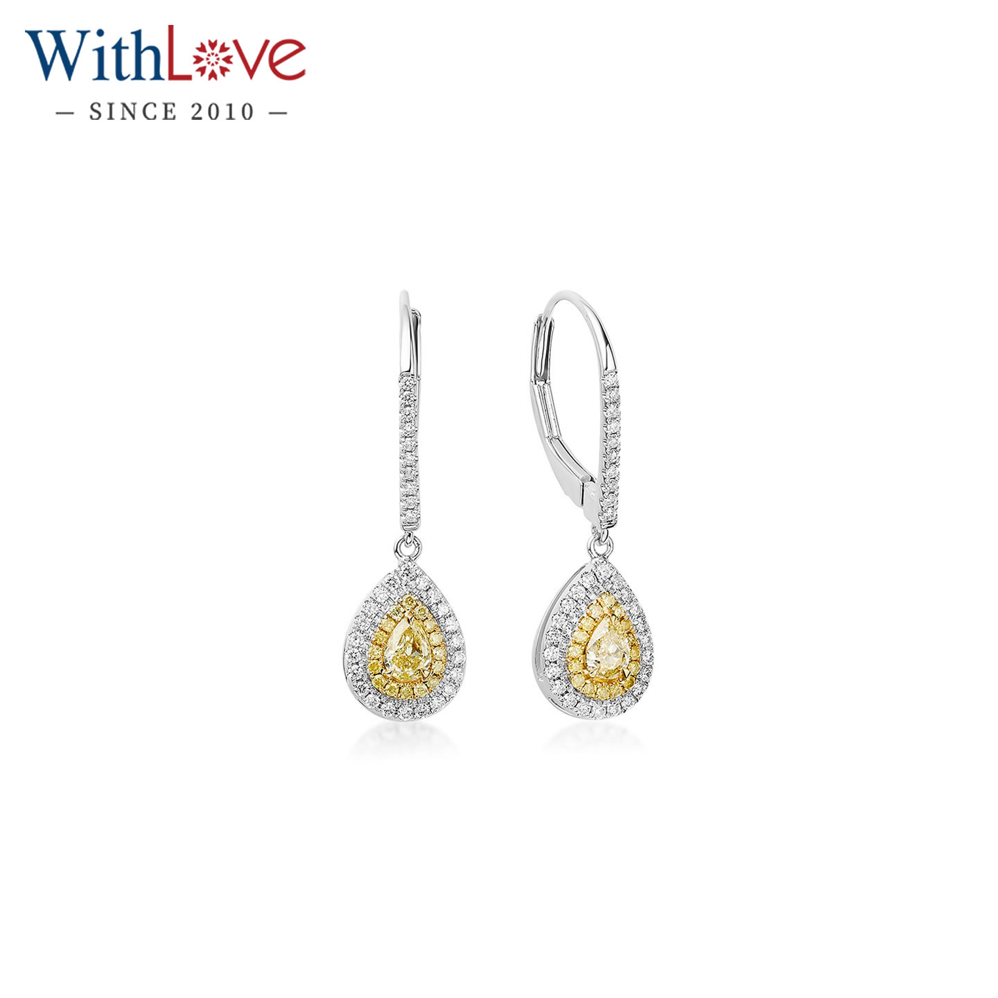 WithLove 白18K金天然水滴型黄钻耳饰经典显大群镶钻石耳环耳坠女