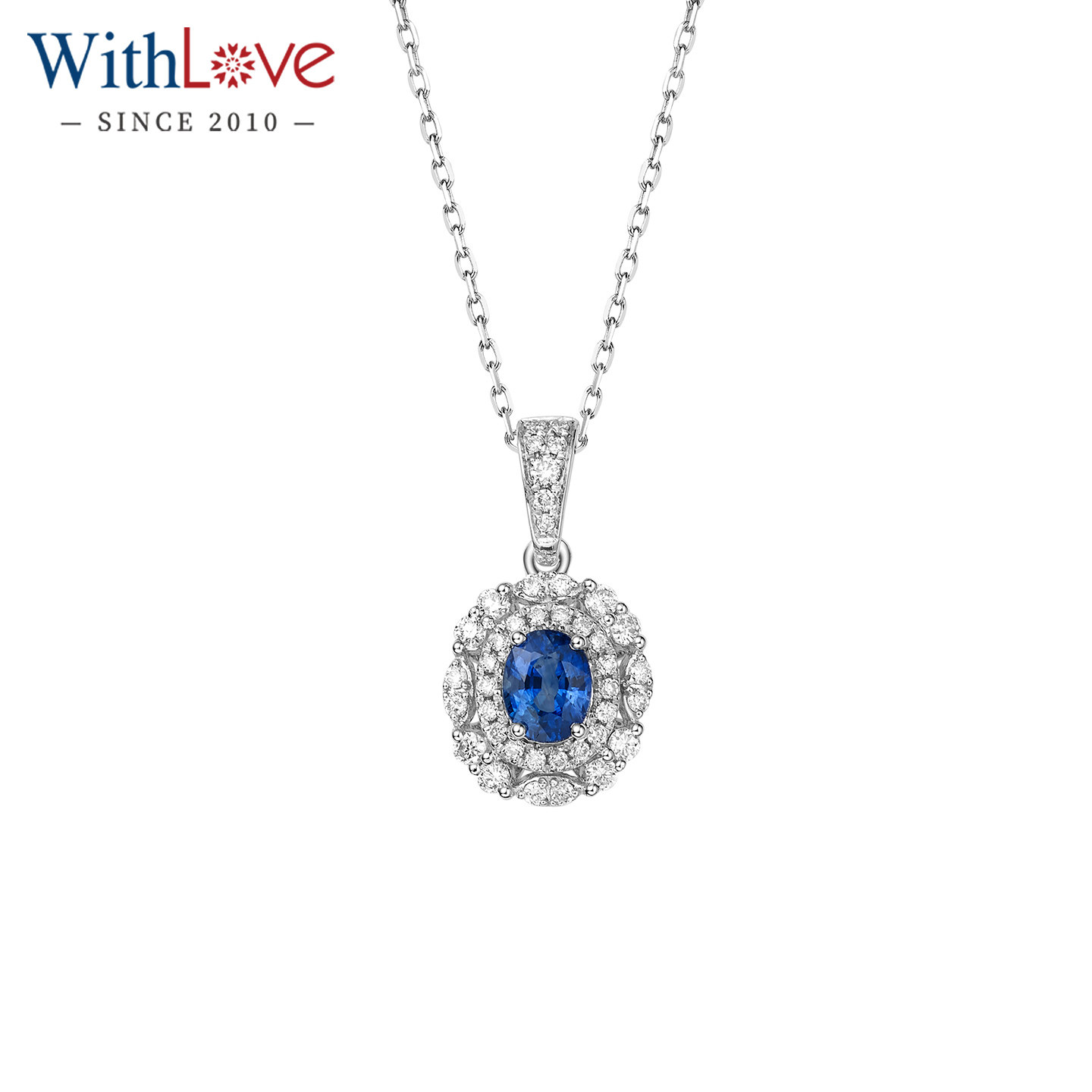 WithLove Pt950铂金椭圆形蓝宝石群镶钻石吊坠显大时尚百搭送女友