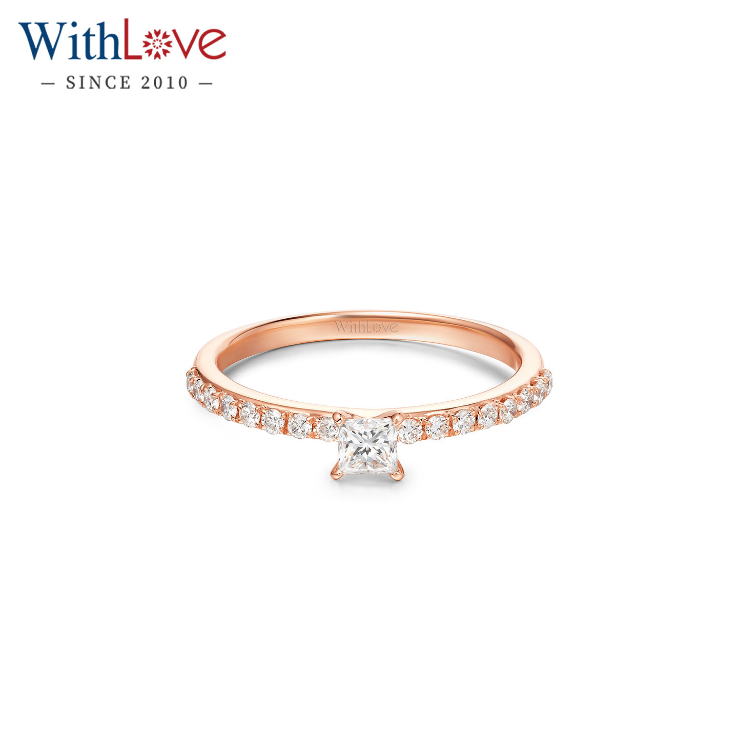 WithLove 玫瑰18K金方形天然钻石戒指婚戒群镶公主方钻戒女戒定制