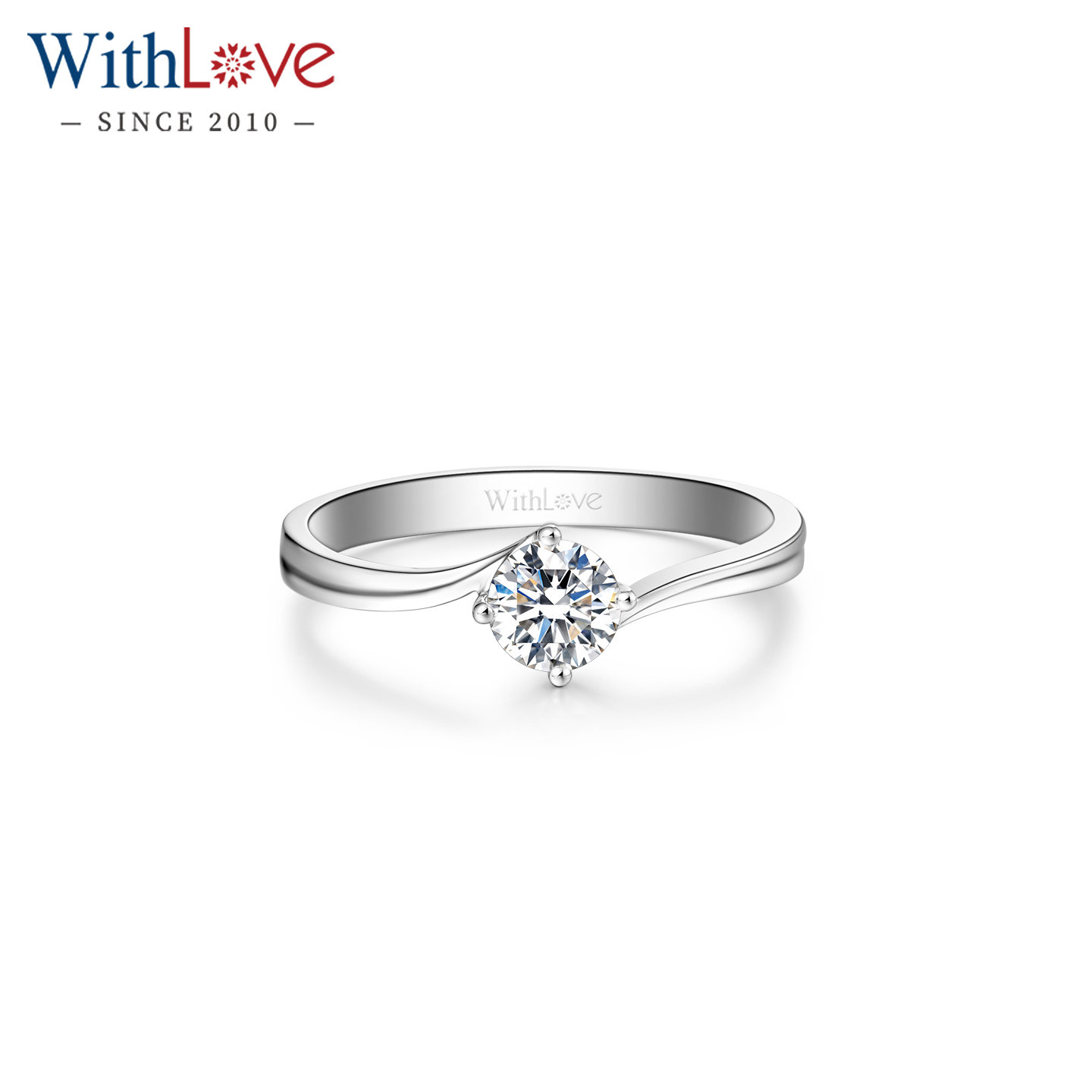 WithLove 白18K金30分钻石戒指女戒曲线扭臂铂金四爪结婚钻戒定制