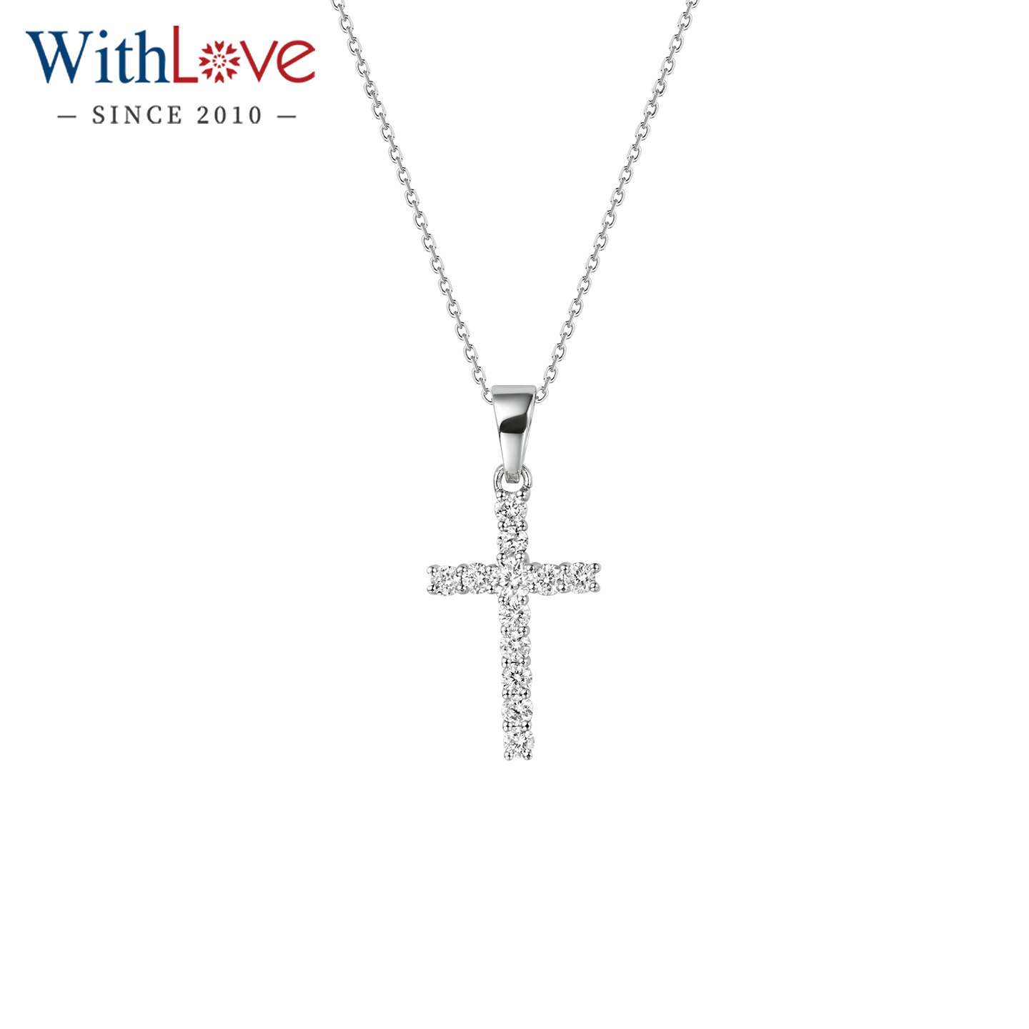WithLove 白18K金30分群镶钻石项坠 Pt铂金十字架吊坠 时尚百搭女