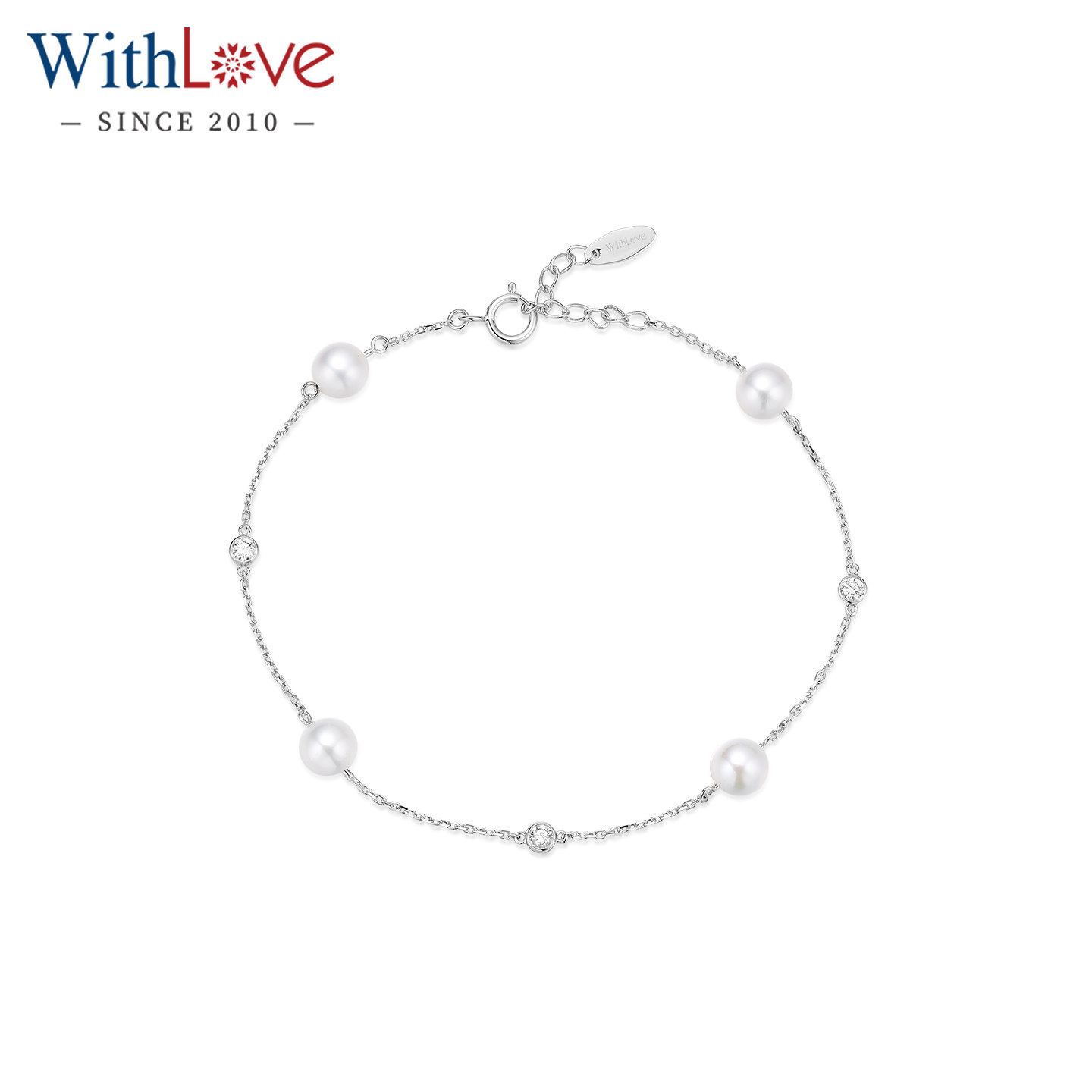 WithLove 白18K金日本Akoya海水珍珠钻石手链满天星手串送女友