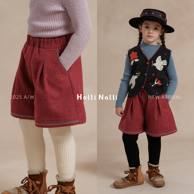 欧利娜利80%羊毛呢刺绣复古短裤